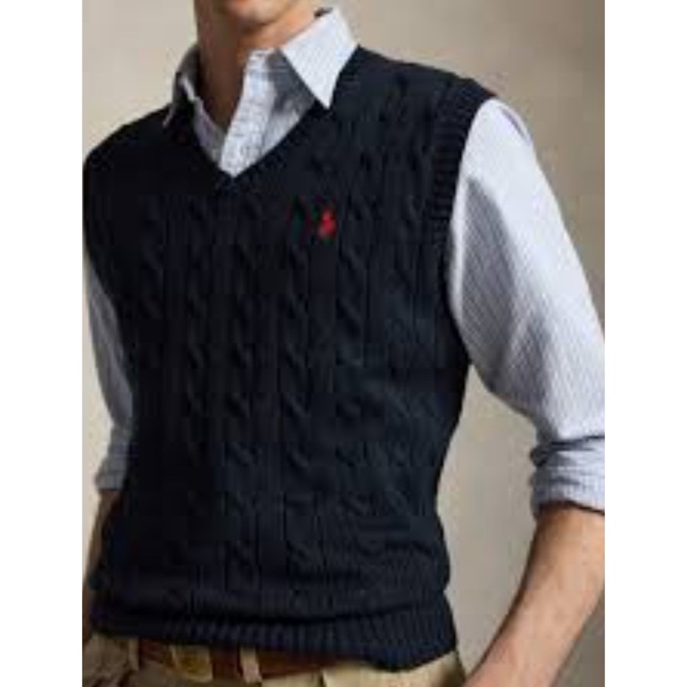 Polo Ralph Lauren Mens Navy Blue Cable Knit Cotton V-Neck Sweater Vest Medium